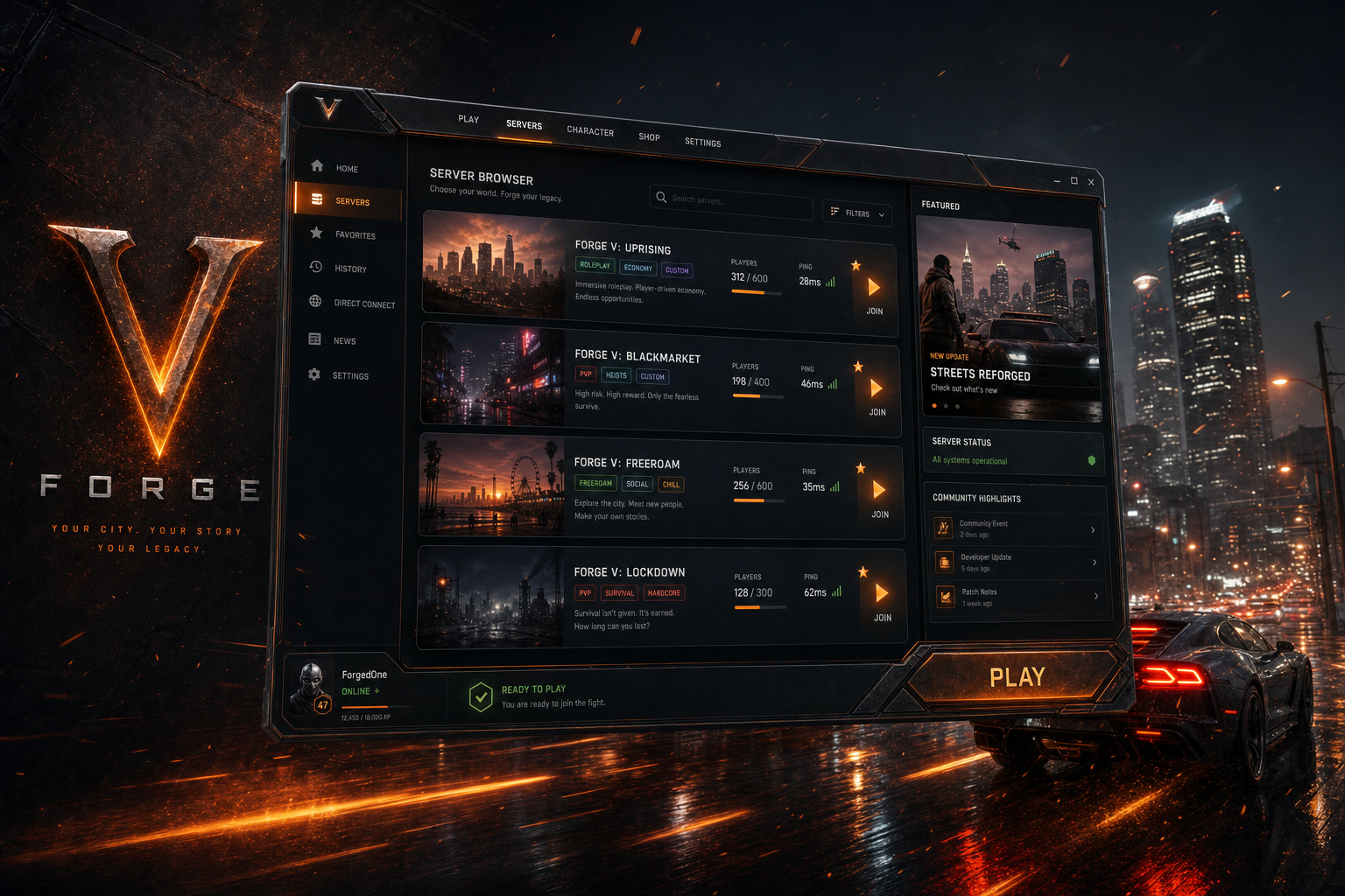 Интерфейс лаунчера Forge V с браузером серверов